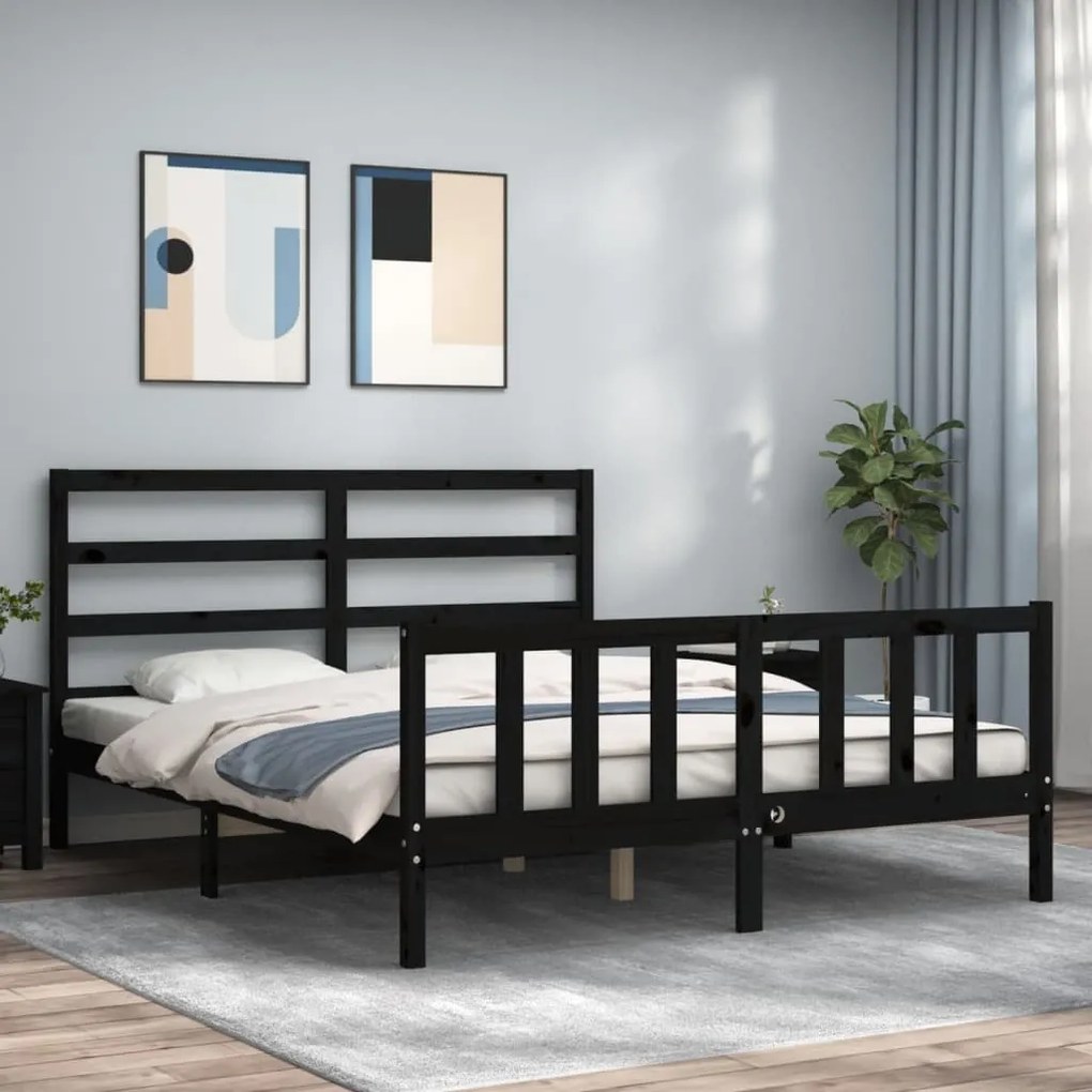 vidaXL Estrutura de cama King Size com cabeceira madeira maciça preto