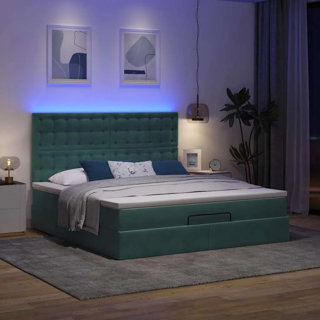 Estrutura de cama otomana com colchão verde escuro veludo
