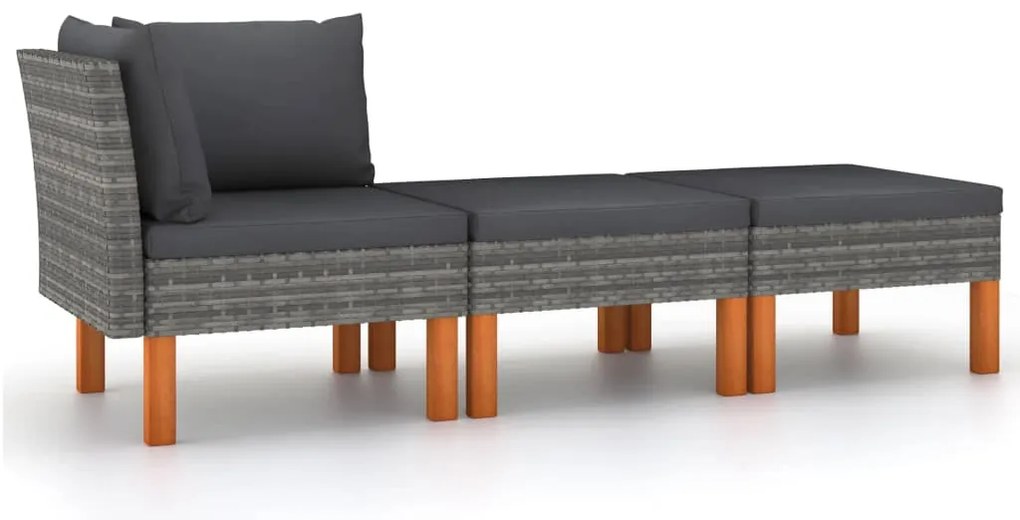 3 pcs conj. lounge jardim vime PE e madeira de eucalipto maciça