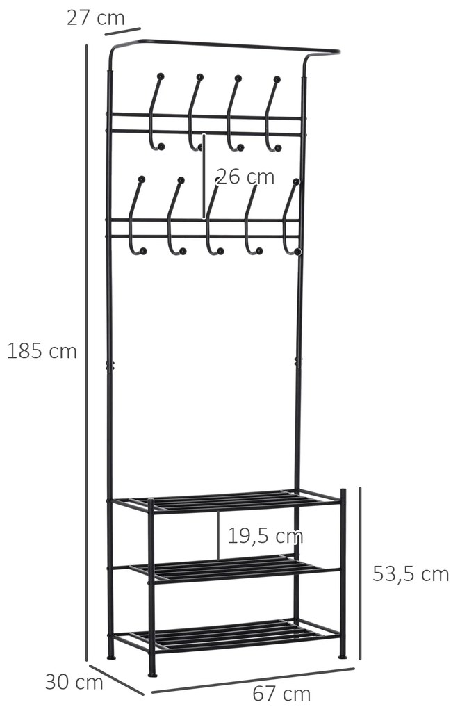 HOMCOM Móvel Cabide de Entrada com 18 Ganchos e Sapateira Armário de Entrada com Cabide com 3 Prateleiras 67x30x185 cm Preto
