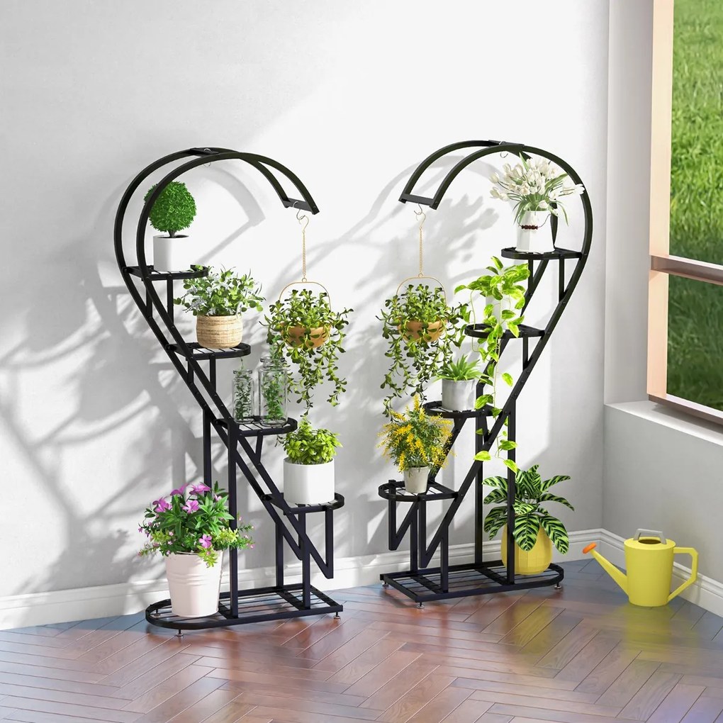 Conjunto de 2 suportes para plantas em metal de 5 níveis com escada em forma de coração e gancho para pendurar 71 x 30,5 x 148 cm Preto