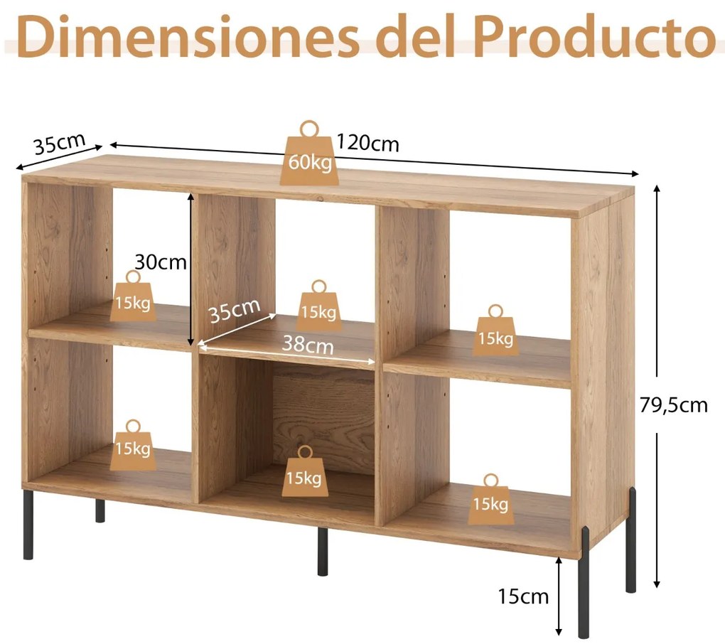 Estante de madeira de 2 níveis com 6 cubos e pernas metálicas ajustáveis em 5 posições 120 x 35 x 79,5 cm Natural