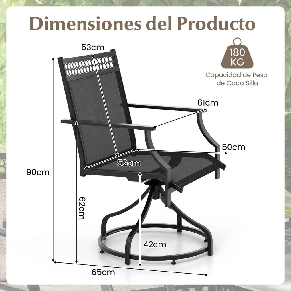 Conjunto de 2 cadeiras giratórias para jardim com braços em metal para exterior em tecido para jardim exterior piscina cinzento