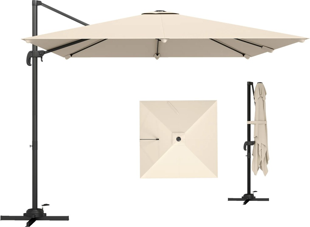 Outsunny Guarda-sol descentrado quadrado 3 x 3 m, guarda-sol de jardim exterior, rotação 360°, inclinável 5 posições, base cruzada, caqui | Aosom Portugal