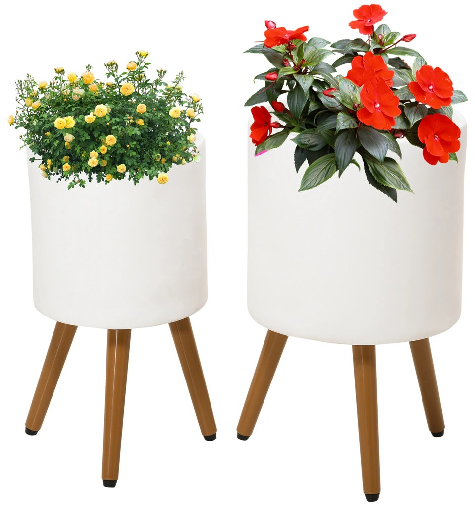 Outsunny Conjunto de 2 Vasos de Plantas com Pés Amovíveis e Orifício de Drenagem Ø31x55 cm e Ø26x44 cm Branco | Aosom Portugal