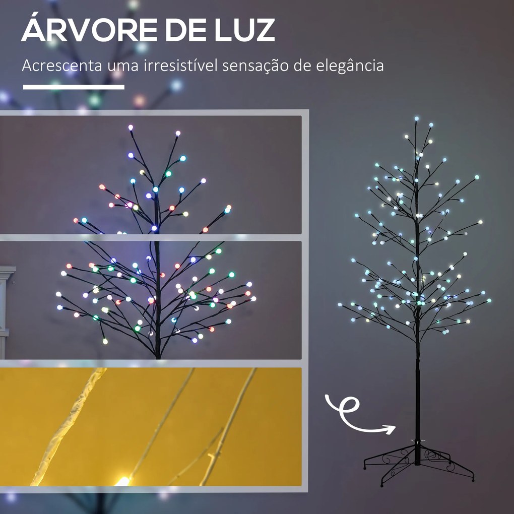 HOMCOM Árvore Sintética Altura 150cm com 120 Luzes LED IP44 Ajustável em 7 Modos Ramos Flexíveis e Base de Candeeiro Árvore Iluminada Decoração de Natal para Interiores 55x55x150cm Preto