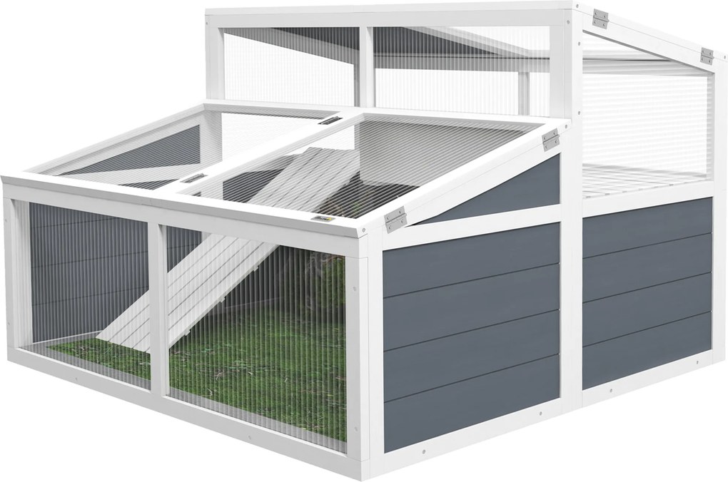 Recinto para pequenos animais com 2 compartimentos, teto em policarbonato, 3 portas e rampa – 115 x 115 x 82 cm – cinzento