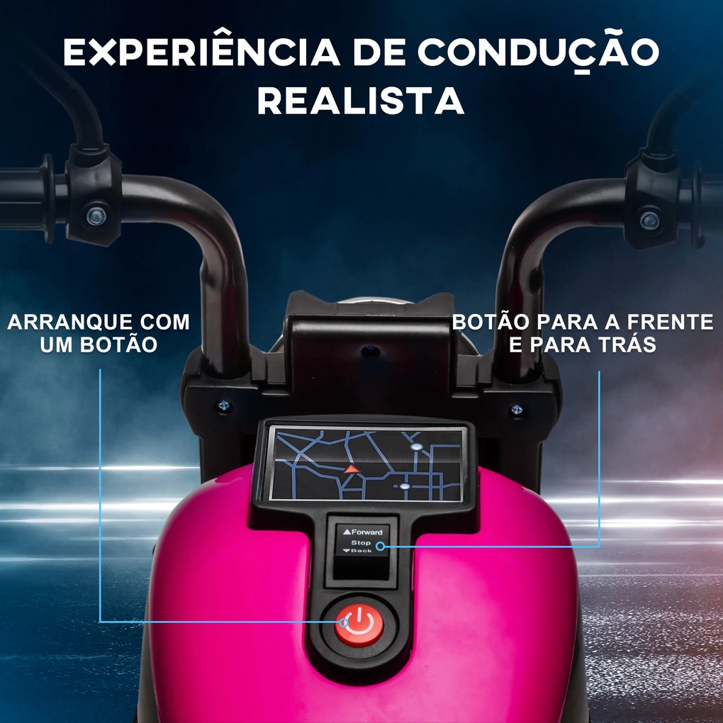 Mota Elétrica para Crianças de 18-36 Meses com Bateria 6V Farol e Rodas Auxiliares Removíveis 76x42x57 cm Rosa