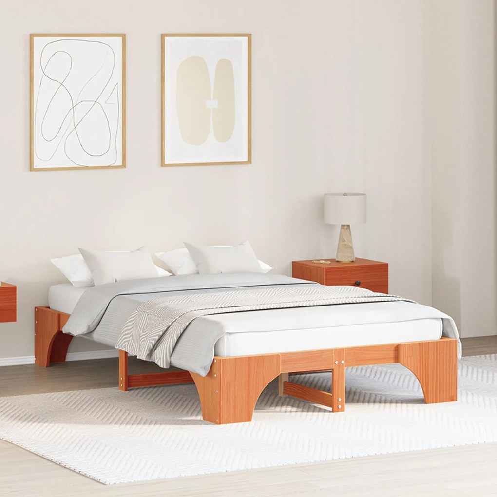 Cama de Madeira Castanho Encerado Madeira maciça 140 x 190 cm