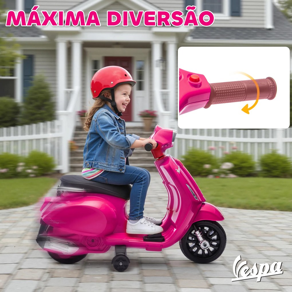 Mota Elétrica para Crianças 6V com Licença Vespa Rodas Auxiliares Velocidade de 2,5km/h Farol e Buzina 71x37x52 cm Rosa