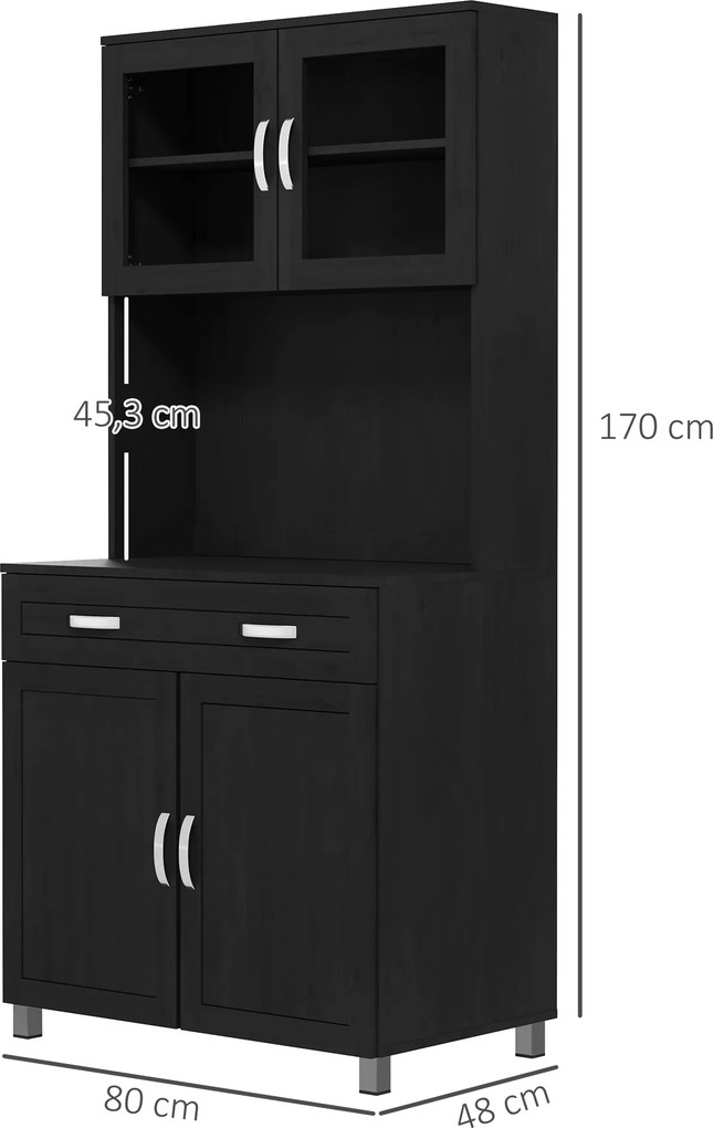 Armário de cozinha 80 x 48 x 170 cm, com 4 portas, gaveta, bancada, prateleiras ajustáveis, preto