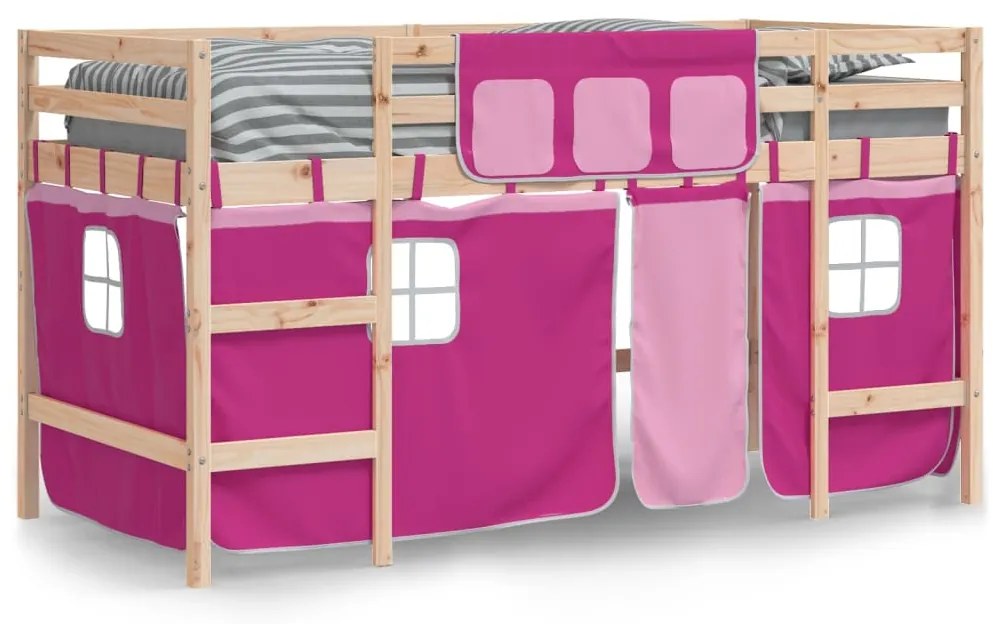 Cama alta p/ criança c/ cortinas 90x190 cm pinho maciço rosa