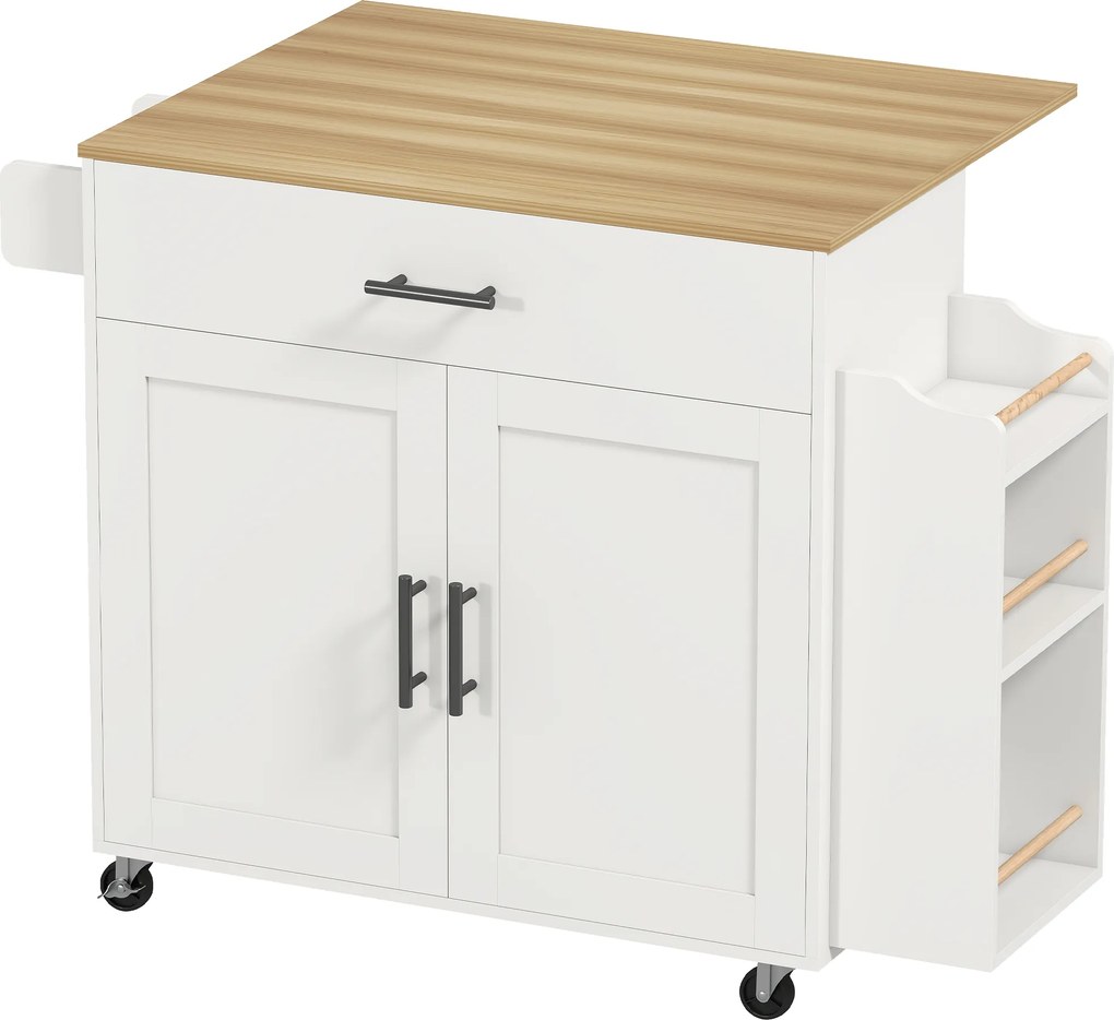 HOMCOM Ilha de cozinha, carrinho de cozinha com rodas, com tampo rebatível, gaveta, prateleira, 120 x 68 x 85 cm, Branco | Aosom Portugal