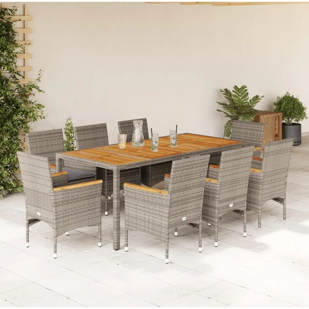 9 pcs conjunto jantar jardim c/ almofadões vime PE/acácia cinza