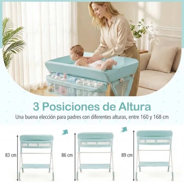 Mesa Trocador fraldas para Bebés Portátil e Dobrável Altura Ajustável 3 Níveis Organizador Móvel com Cesto Prateleira Rodas e Travão turquesa