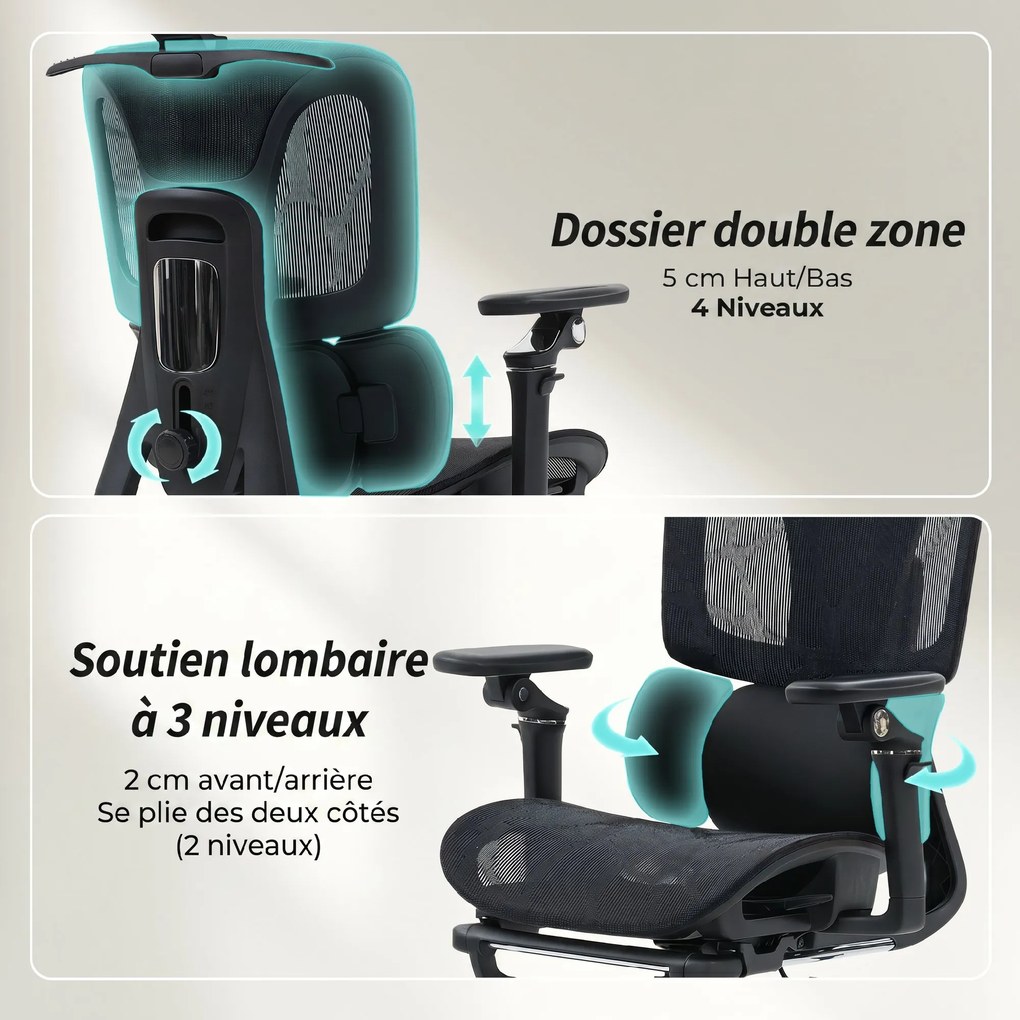 Cadeira de escritório ergonómica com braços 6D, encosto para a cabeça e profundidade do assento ajustáveis, 67 x 71 x 133 cm, preta