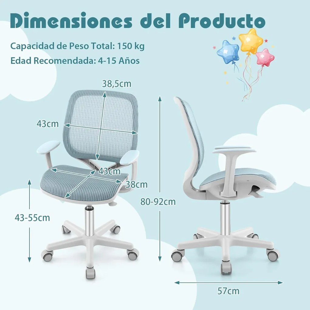 Cadeira giratória de escritório 360° para crianças de 6 a 15 anos Altura ajustável 43-55 cm Rodas com travão Malha respirável Azul