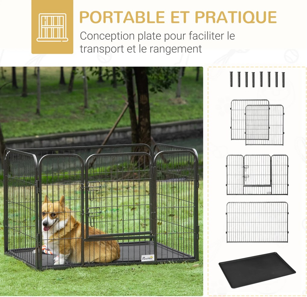 Parque para cães 109 x 74 x 71 com 4 painéis de rede metálica e porta com fechadura, Preto