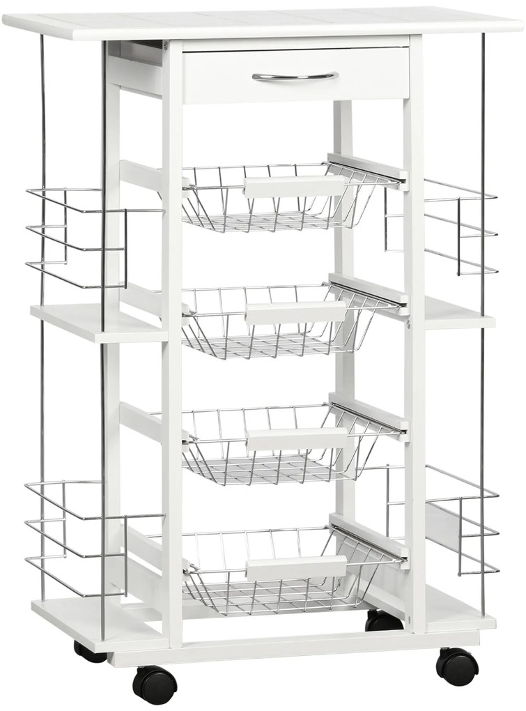 Carrinho de Cozinha com Rodas Carrinho de Cozinha com Bancada Gaveta 4 Cestas de Metal e 4 Suportes para Temperos Laterais para Cozinha 57x37x83cm Bra