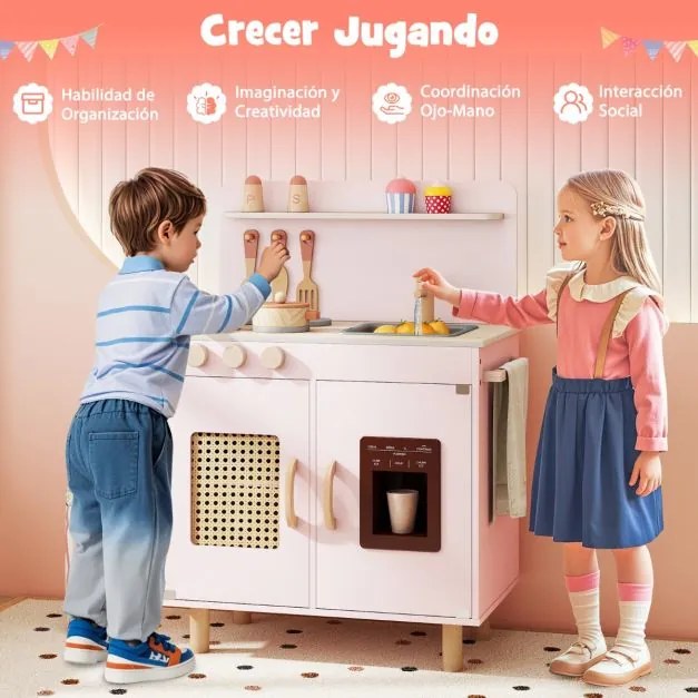 Cozinha infantil de madeira 52 x 31,5 x 73 cm com máquina de gelo realista e armazenamento para crianças com mais de 3 anos Rosa