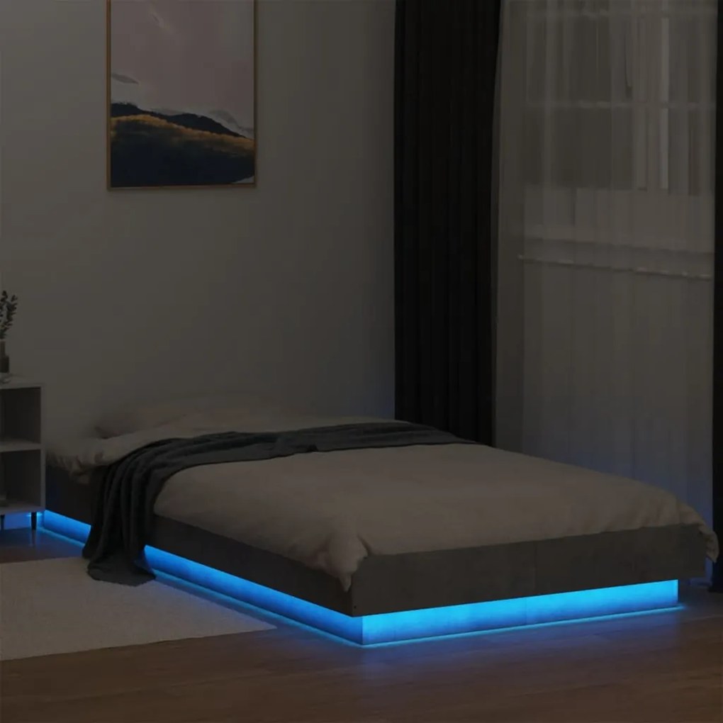 Estrutura de cama c/ luzes LED derivados madeira cinza cimento