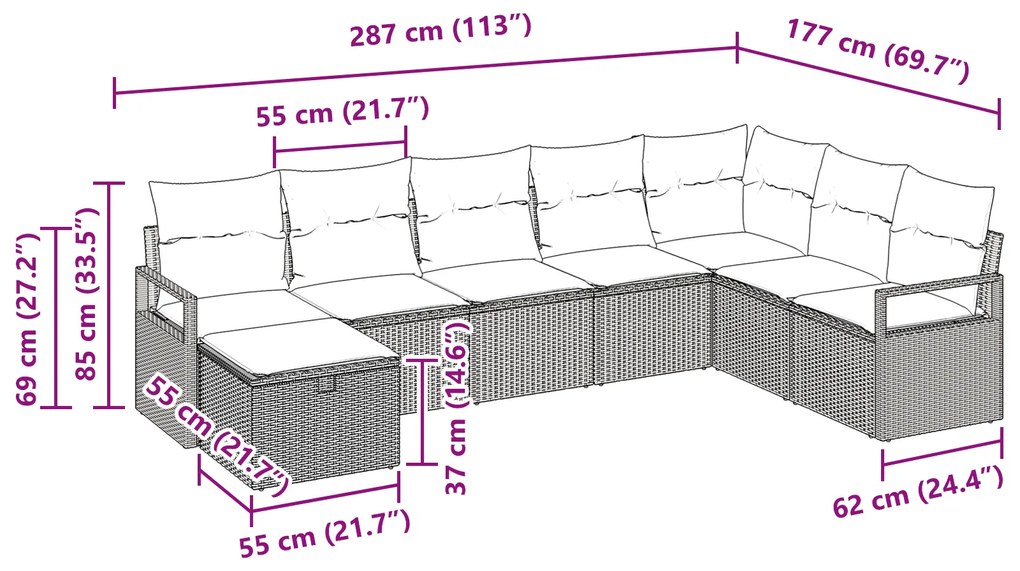Conjunto de Sofá de Jardim vidaXL com Almofadas Preto Rattan PE, Sofá