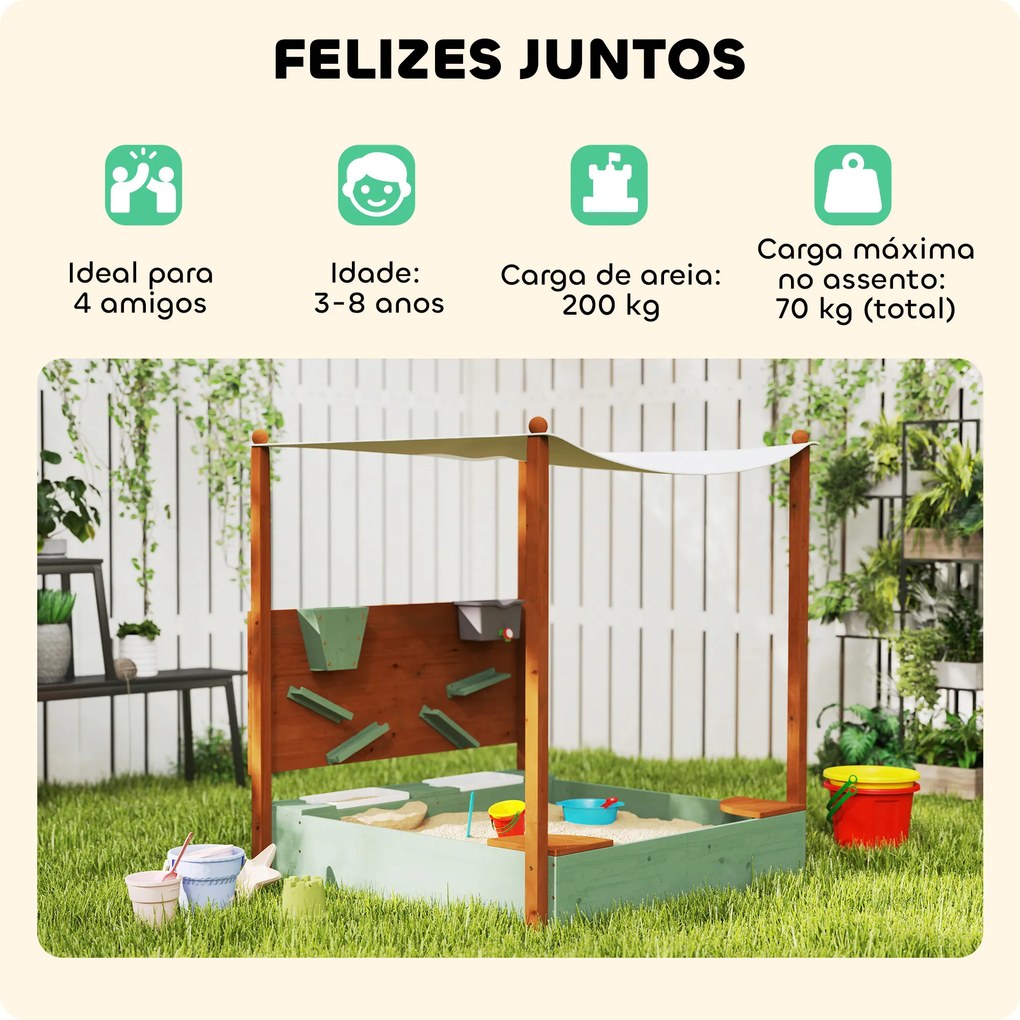Caixa de Areia para Crianças de Madeira com Teto 2 Assentos 2 Caixas Torneira Funil 116x112,5x128 cm Verde