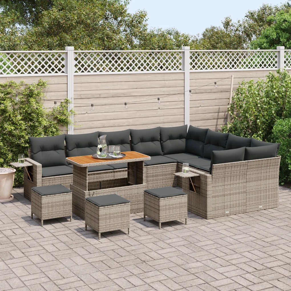 Conjunto de Sofá de Jardim Modular com Almofadas Cinza de Rattan Polir