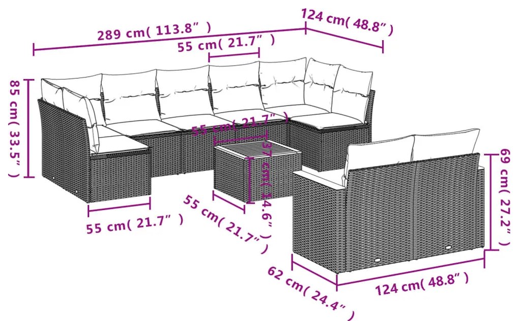 10 pcs conj. sofás jardim c/ almofadões vime PE bege misturado