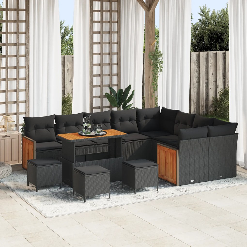 Conjunto de Sofá de Jardim vidaXL de 13 Peças com Almofadas Preto Ratt