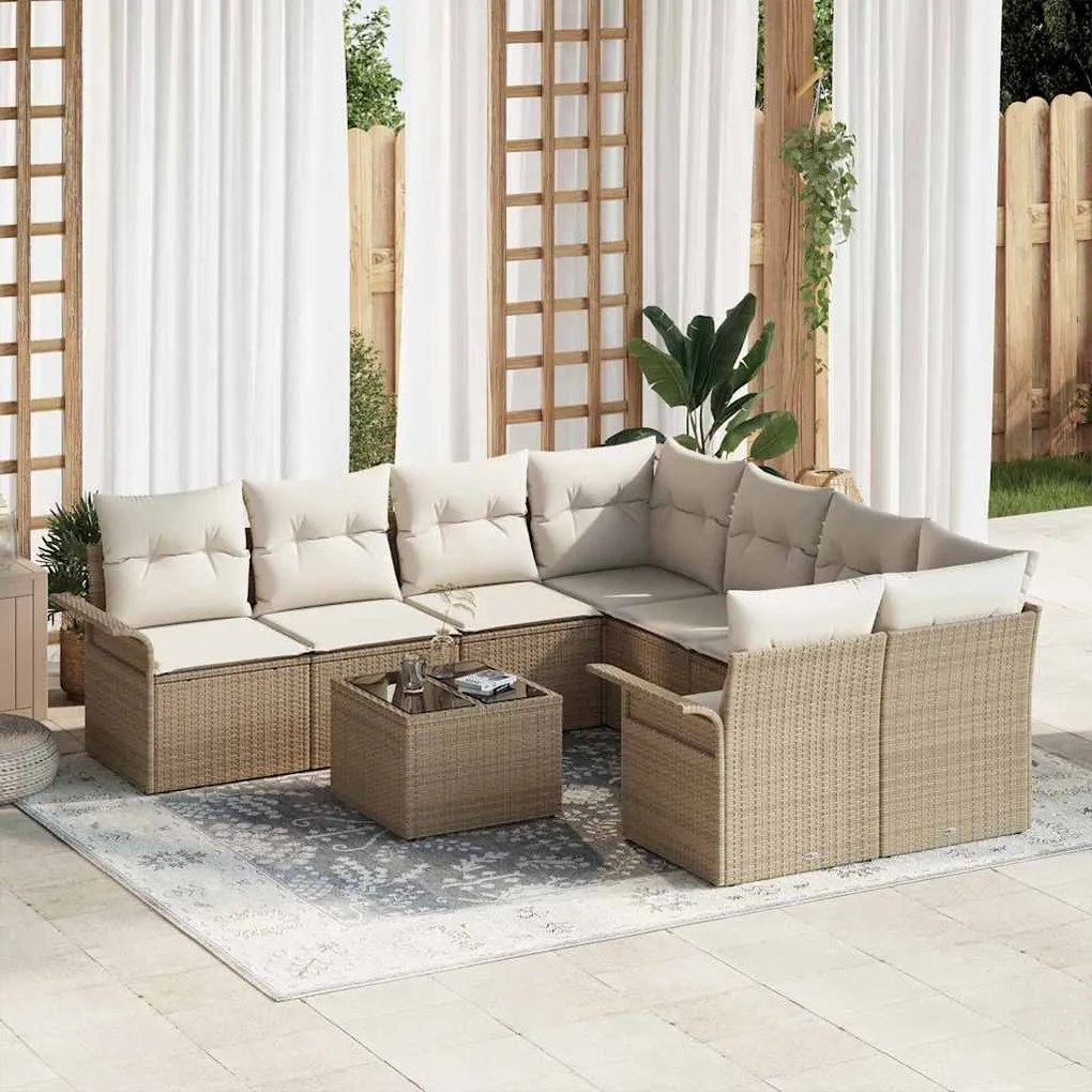 vidaXL Conjunto de sofá de jardim 9 peças com almofadas bege em polirattan