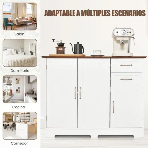 Armário de cozinha com 2 portas 2 gavetas Estante ajustável Armário de arrumação Buffet para sala de jantar 100 x 40 x 78 cm Branco