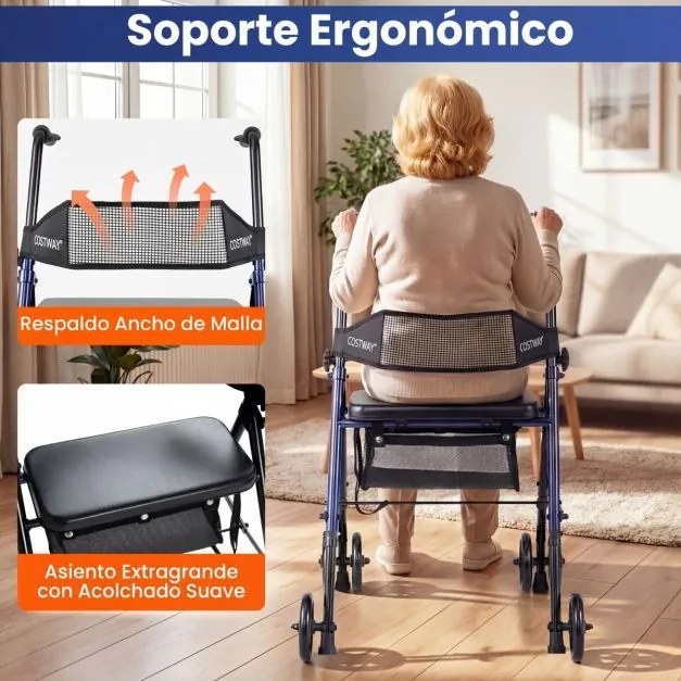 Andador para idosos com assento, pegas ajustáveis em 8 níveis, encosto em malha, bolsa de arrumação e rodas, preto + azul