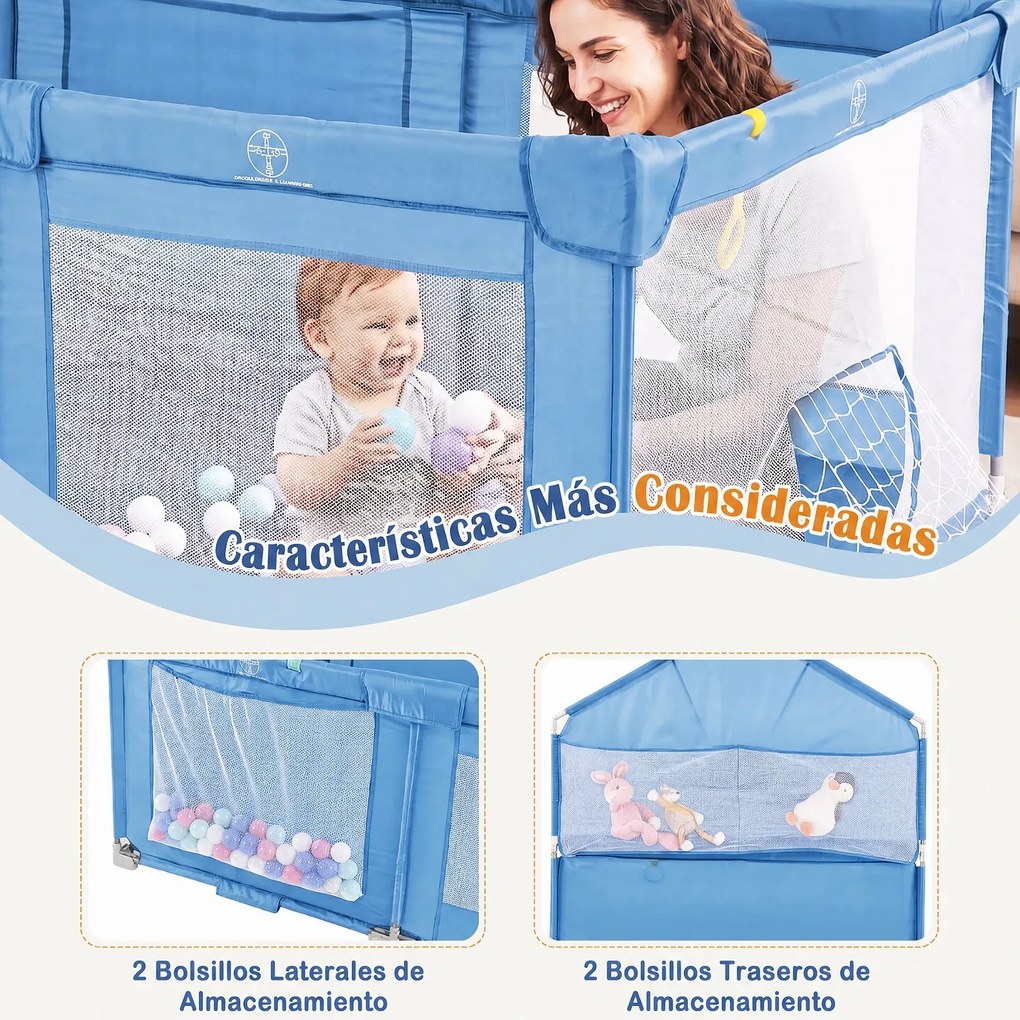 Parque Infantil Dobrável, 223 x 150 x 163 cm, com 50 Bolas e Jogos Multidesportivos, Azul