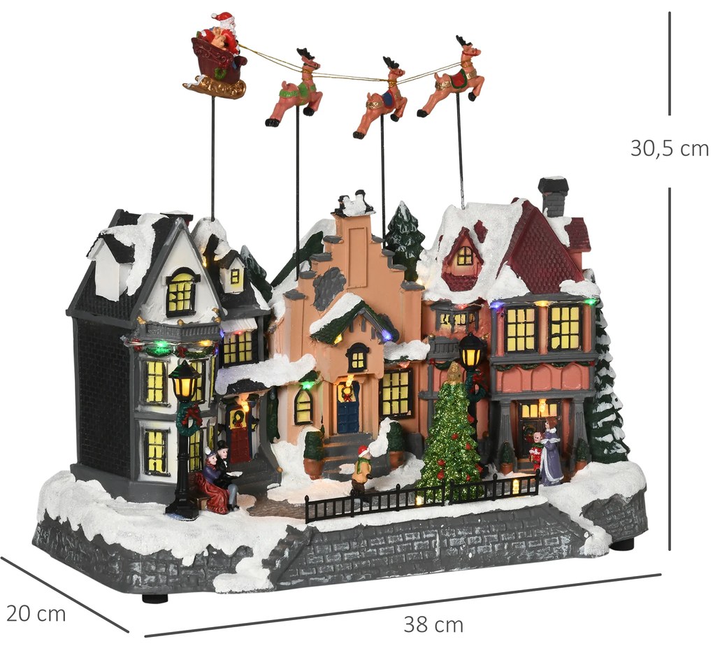 HOMCOM Aldeia de Natal Cena de Decoração Natalícia Iluminada com Luzes LED Árvore de Natal Pai Natal e Renos Decoração de Natal de Mesa 38,5x20,5x33cm Multicor