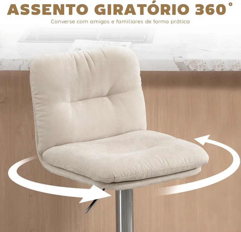 Conjunto de 2 Bancos de Bar Giratórios Estofados em Linho com Altura Ajustável 64-86 cm e Apoio para Pés Bege
