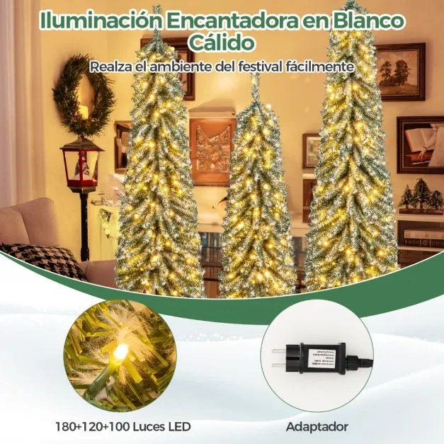 Conjunto de 3 árvores de Natal artificiais em forma de lápis 120/150/180cm com neve realista 100/120/180 luzes LED 216/302/505 pontas de ramos Verdes