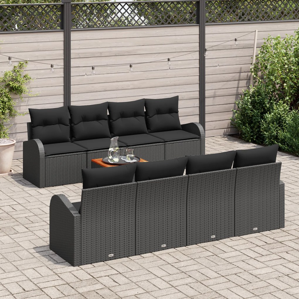 Conjunto de Sofá de Jardim de 9 Peças com Almofadas Preto Vime PE Acác