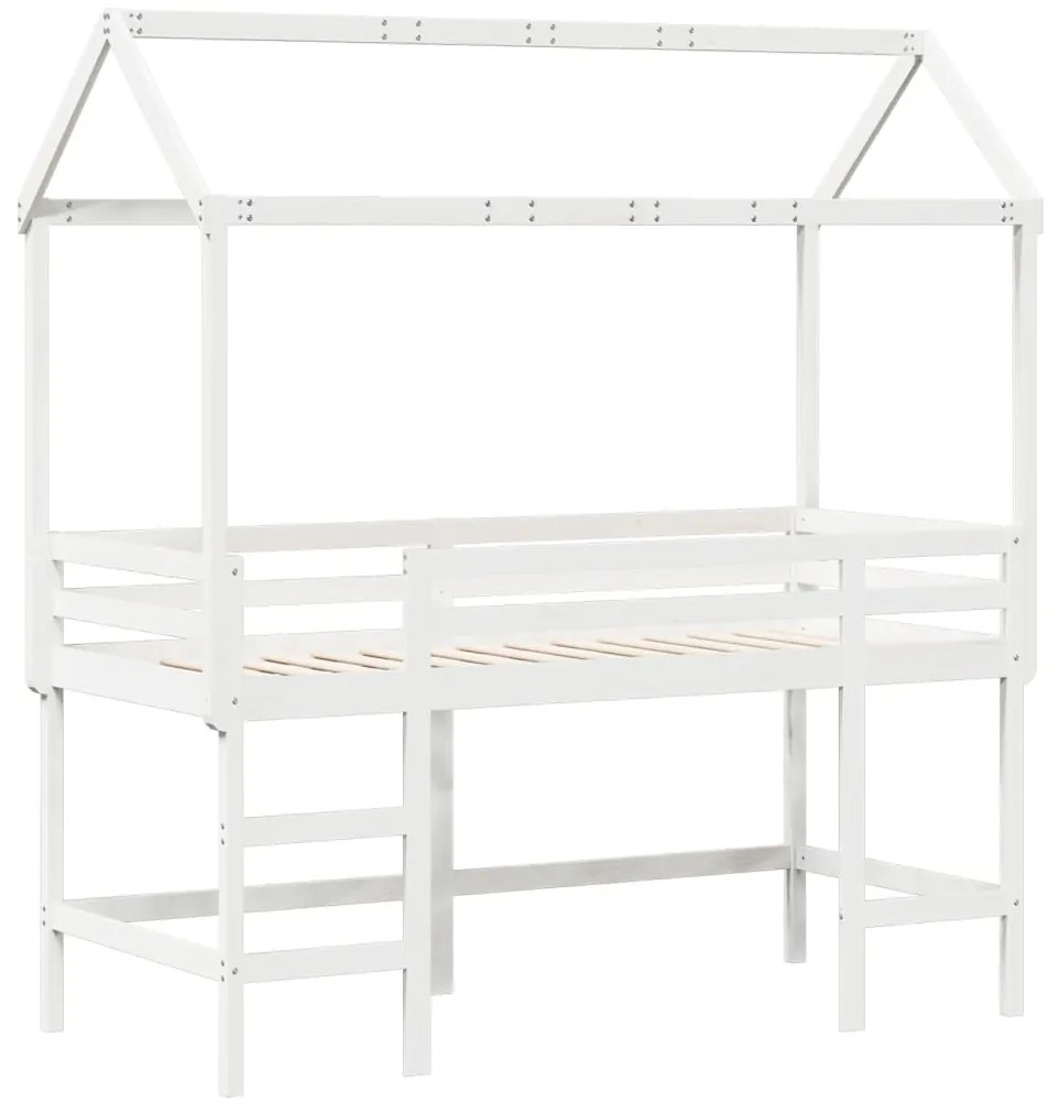 Cama alta c/ escada e telhado 80x200 cm pinho maciço branco