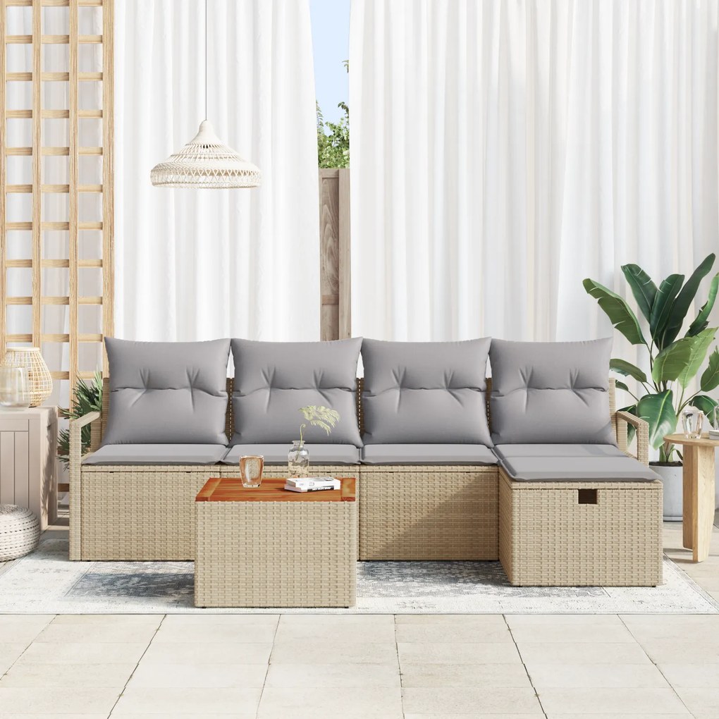 Conjunto de Sofá de Jardim vidaXL de 6 Peças com Almofadas Bege Rattan
