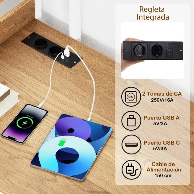 Secretária de escritório com estação de carregamento Tomadas, Porta USB e Porta Tipo C e Estrutura Metálica Natural e Branco
