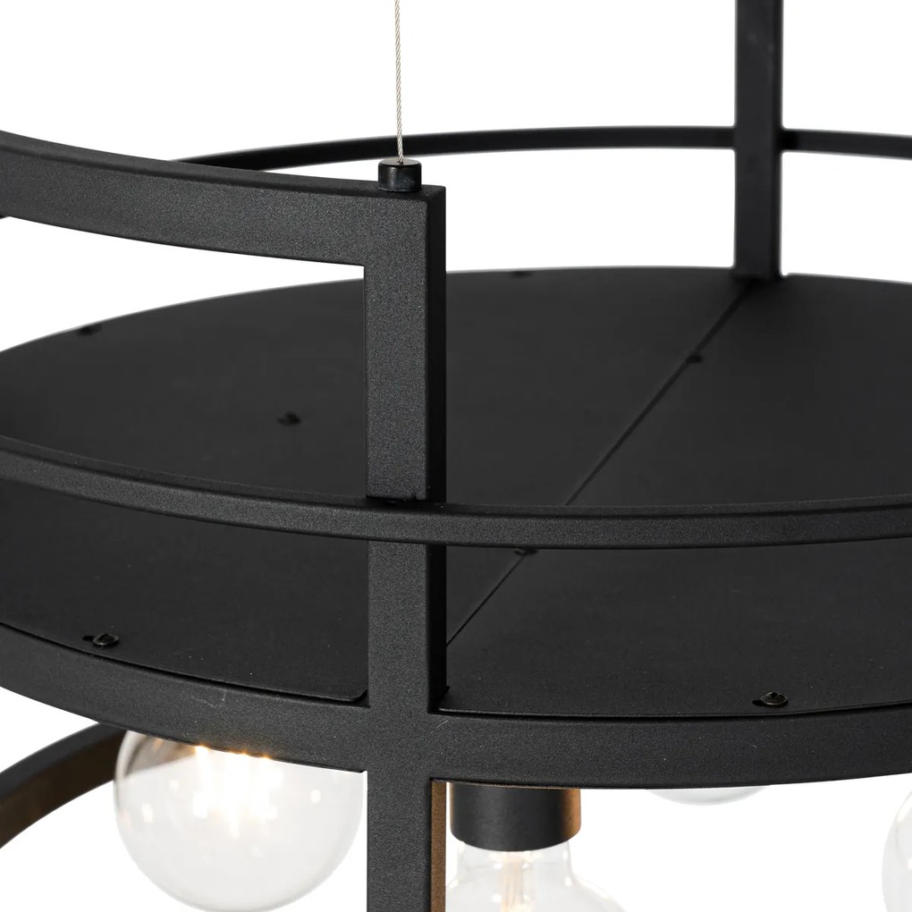Candeeiro de suspensão industrial preto com rack redondo 4 luzes - Cage Rack Industrial