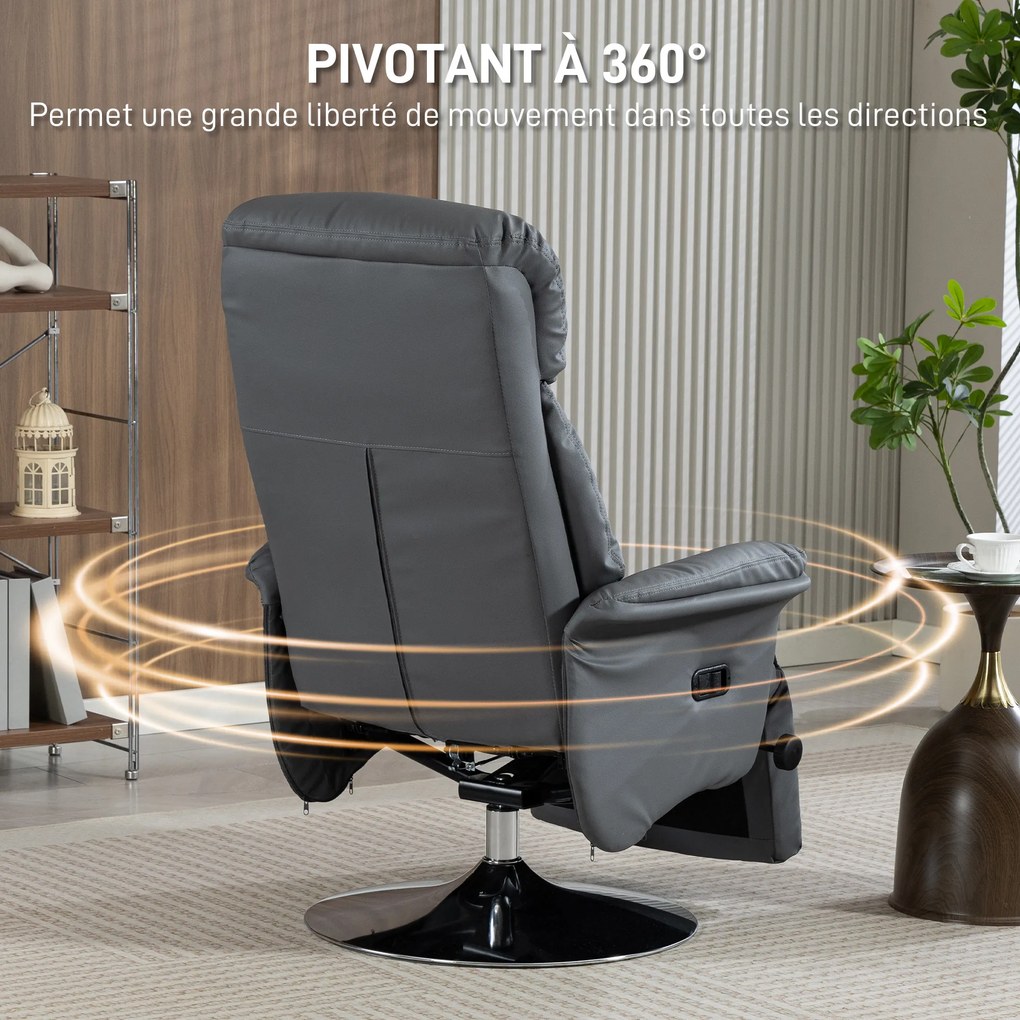 Poltrona de relaxamento reclinável e giratória com apoio para os pés ajustável, até 120 kg, para sala de estar, quarto, cinema em casa, cinzenta