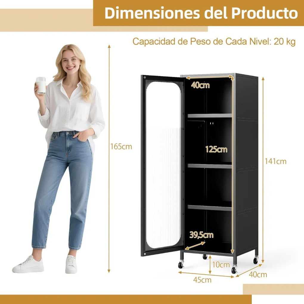 Armário Cozinha metálico 45 x 40 x 141 cm de 5 níveis Despensa de cozinha alta e estreita com prateleiras ajustáveis e porta semitransparente Preto