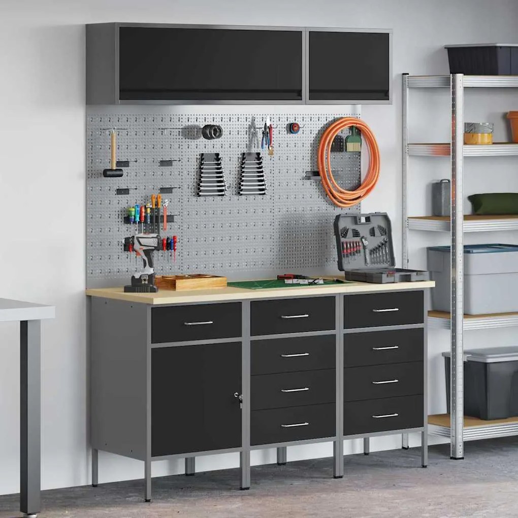 vidaXL Conjunto de Armários de Trabalho com gaveta Manual 8 pcs Preto