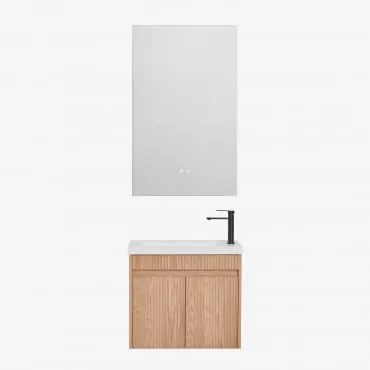 Conjunto De Móvel De Casa De Banho Suspenso Em Madeira Com Lavatório Integrado Narek Castanho Fresno & Retangular Led E Anti-embaciamento 55x90 Cm Rib