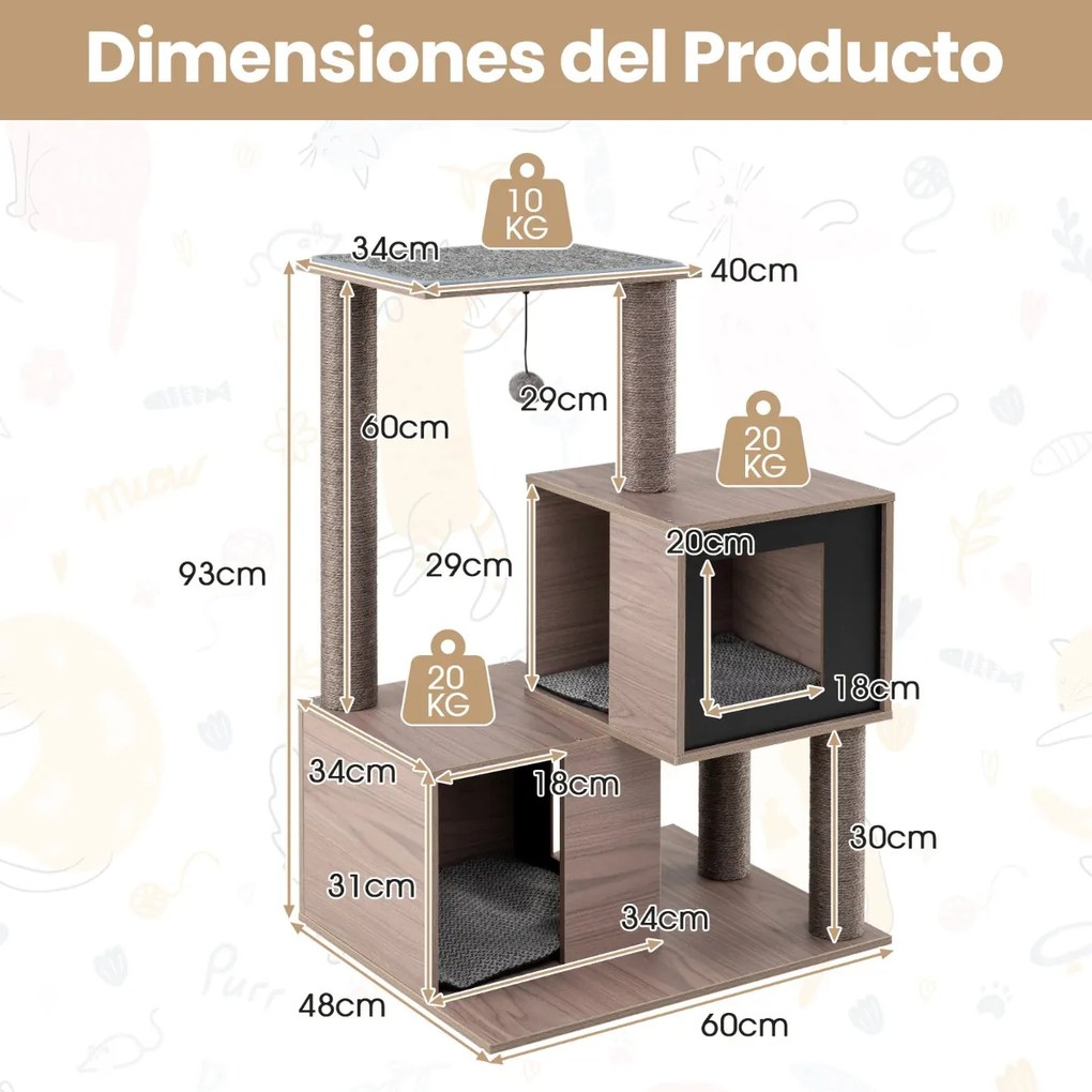 Arranhador para Gatos Interior 60 x 48 x 93 cm Multinível com Poste de Sisal Cinza e Preto