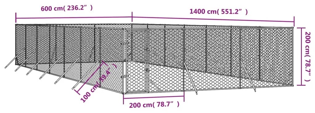 Canil de exterior 6x14x2 m aço galvanizado prateado