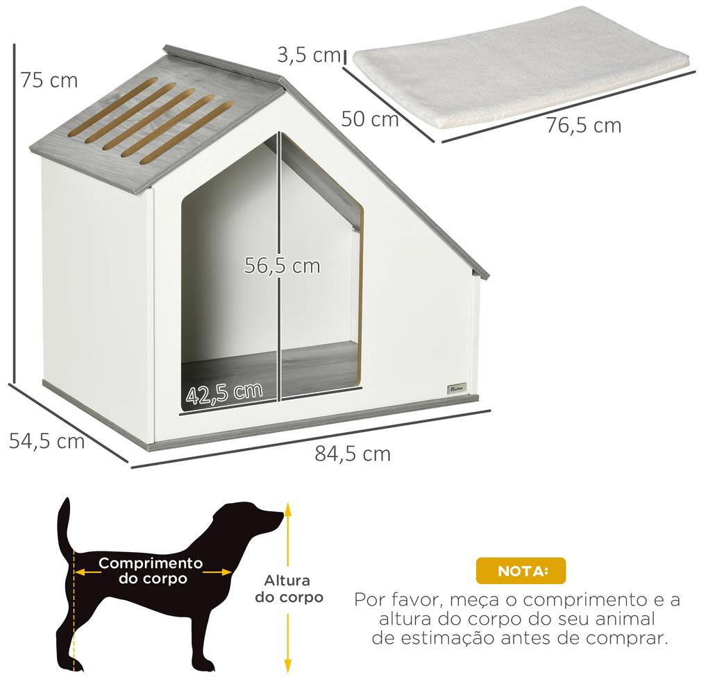 Casa de Madeira para Cães de Interior Casa para Animais de Estimação com Almofada Removível e Lavável com 5 Ventilações 84,5x54,5x75 cm Branco
