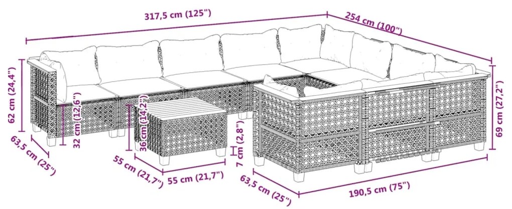 11 pcs conjunto sofás de jardim c/ almofadões vime PE preto